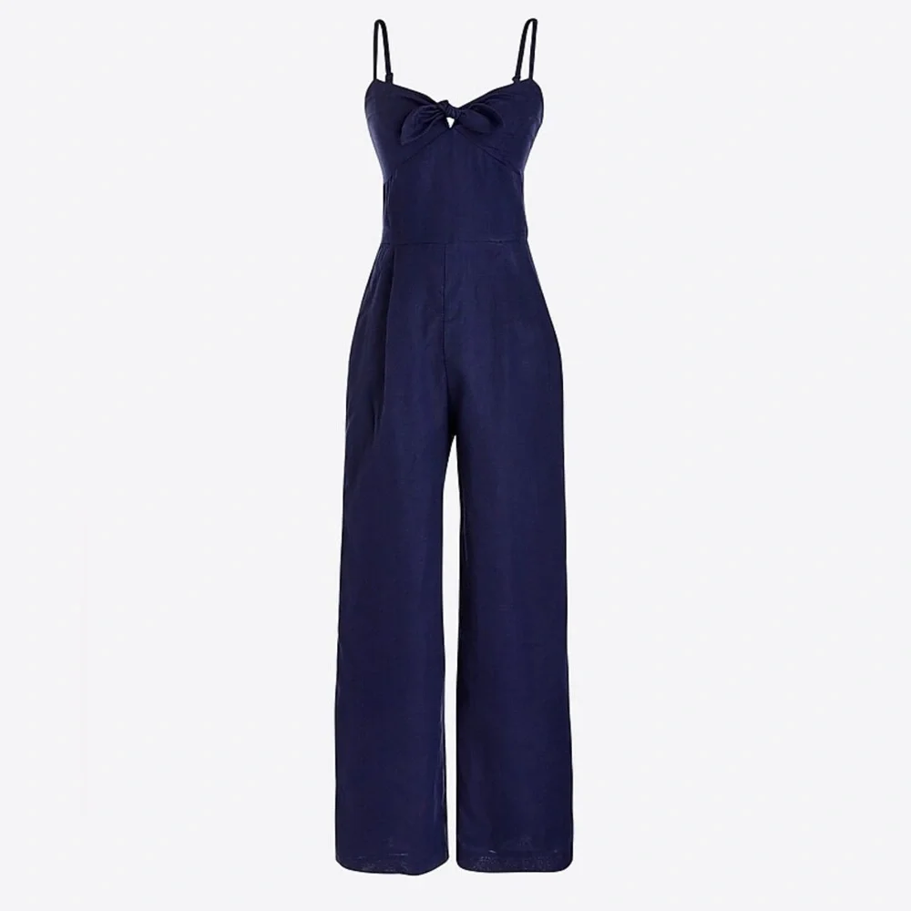J. Crew Tie-Front Linen Blend Navy Jumpsuit